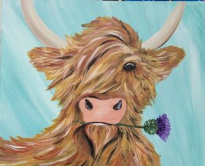 Shaggy Highland Popular Harry Cow with horns at the Paint Shack in Eau Claire
