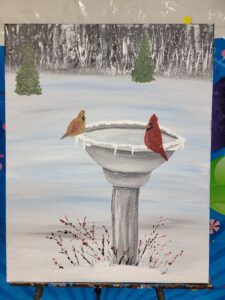 Cardinals at a bird bath beautiful and fun paintings at The Paint Shack