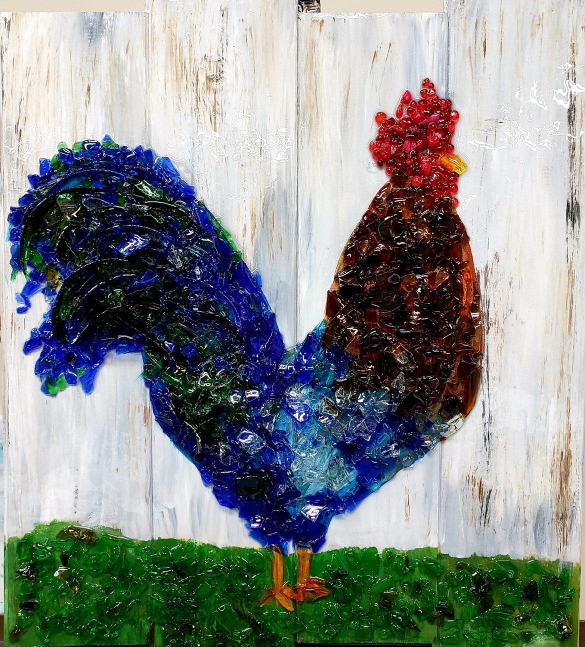 Recycled glass rooster at the Paint Shack in Eau Claire