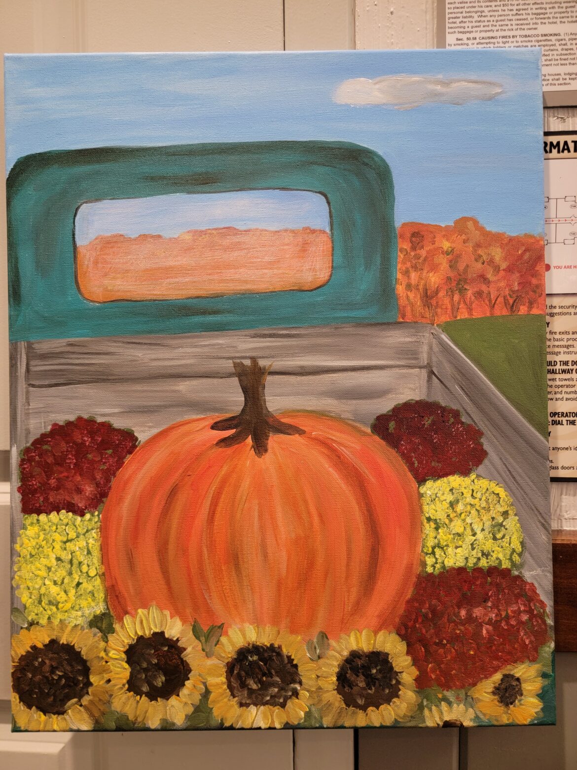 Fall Truck with large pumpkin fun at the Paint Shack in Eau Claire